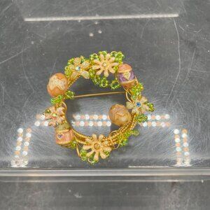 Enameled Egg and Flower Beaded Wreath Brooch Easter Spring Gold Tone Pin